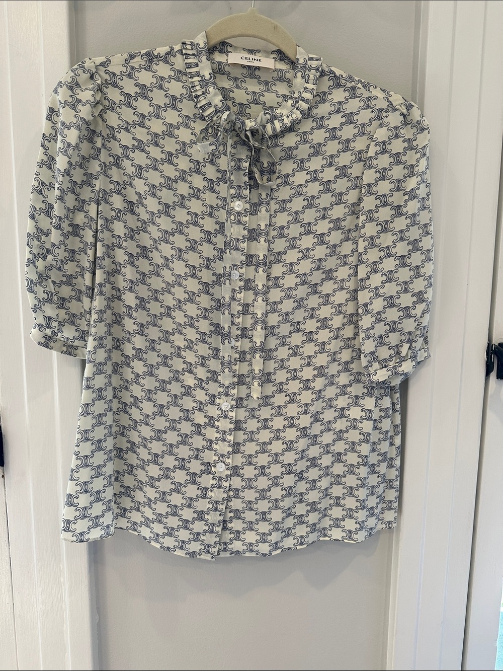 CÉLINE Silk Short-sleeve Tie-Neck Blouse (Size 34)